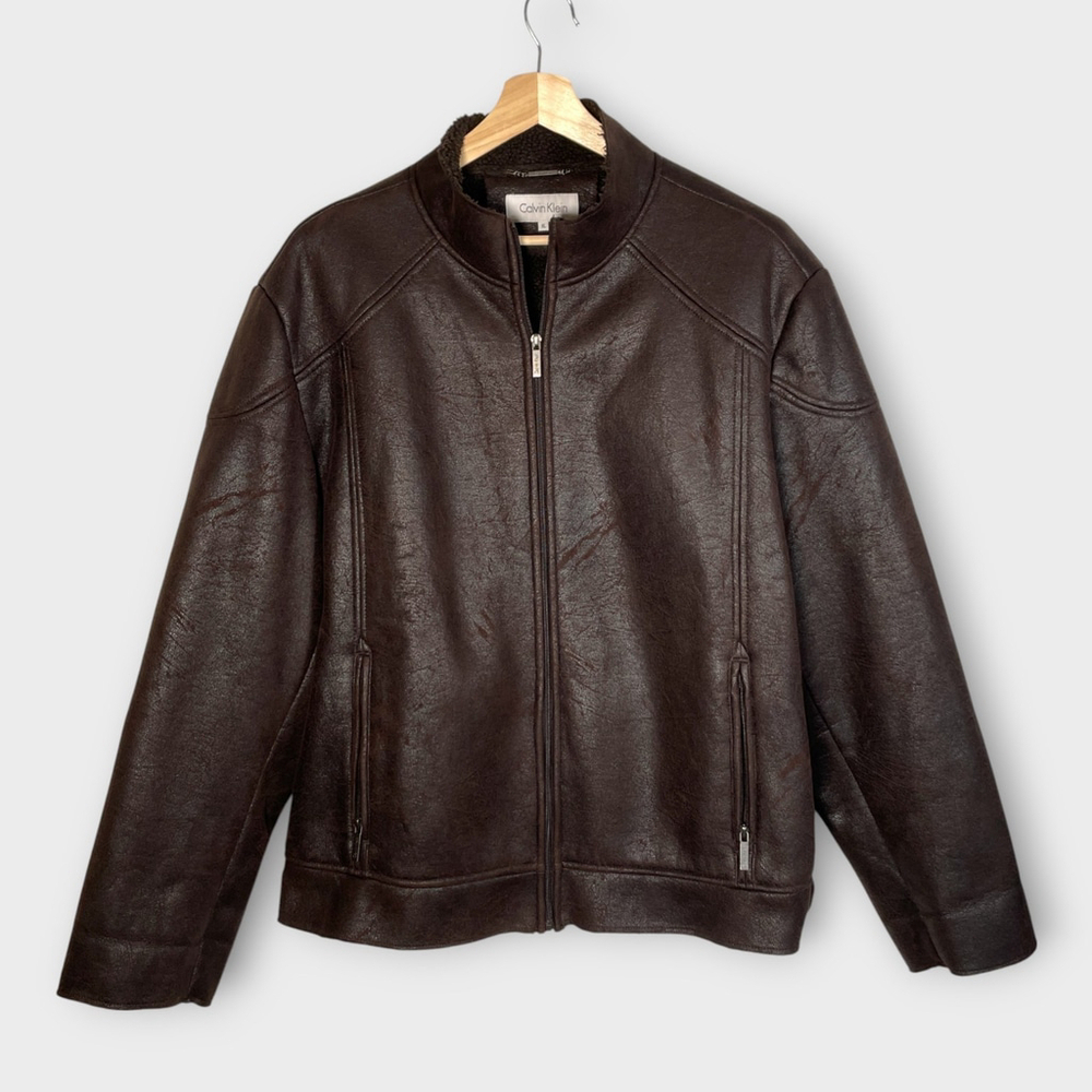 Calvin Klein Full Zip Jacket Men's XL Faux Distressed Finish Sherpa Lined Brown